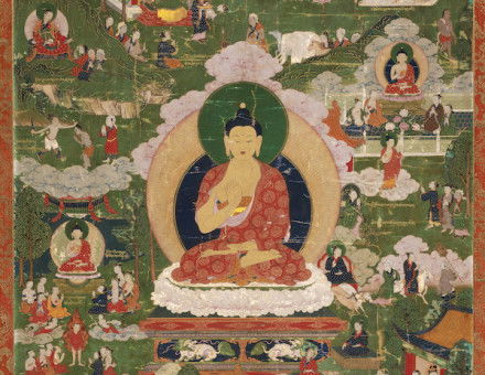 The Buddha seated cross legged on a lotus throne, surrounded by scenes from his life. Tibet, 18th century. Photograph © 2023 Museum of Fine Arts, Boston. All rights reserved. / Denman Waldo Ross Collection / Bridgeman Images.