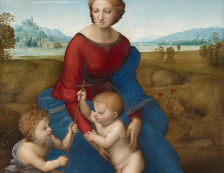 Madonna of the Meadow (Madonna with the Christ Child and Saint John the Baptist), by Raphael, 1506. Art Library/Alamy Stock Photo.