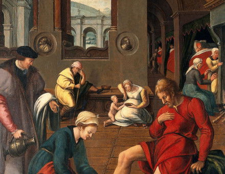 Interior of a hospital with a woman washing a man's feet, unknown artist, c. 16th century. Wellcome Collection. Public Domain.