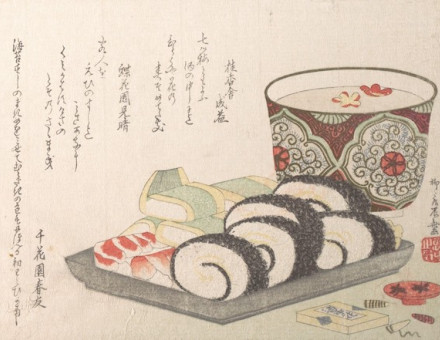 Sushi and New Year’s sake, woodblock print by Ryūryūkyo Shinsai, c. 1810. Metropolitan Museum of Art. Public Domain.