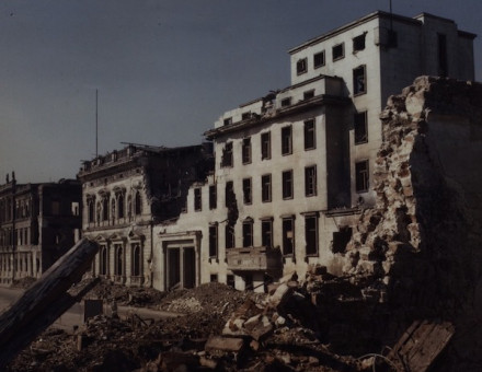 Ruins of the Reich Chancellery in Berlin, 1945. National Archives. Public Domain.