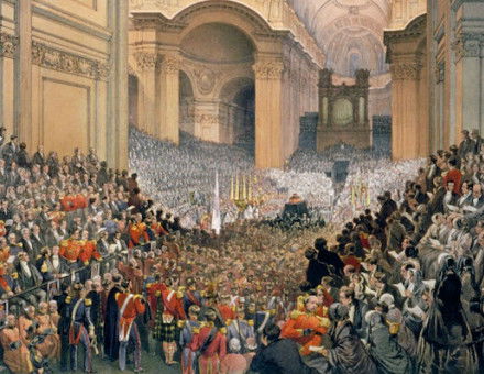 Interior of St Paul’s Cathedral during the funeral of the Duke of Wellington, 1852, by William Simpson. Heritage Image Partnership/Alamy Stock Photo.