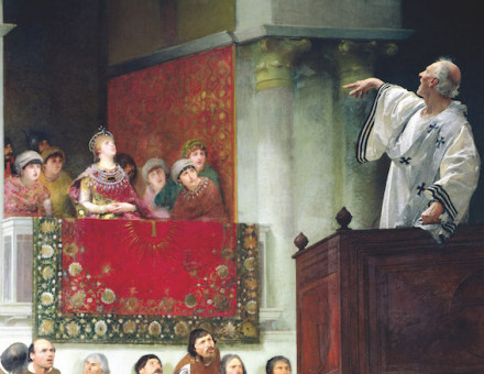 Bishop John Chrysostom preaching before the Roman empress Eudoxia, by Joseph Wencker, c.1880. Bridgeman Images