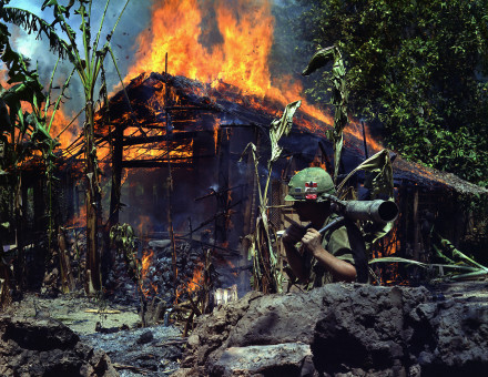 A suspected Viet Cong base camp in Mỹ Tho being razed by the US Army, 5 April 1968. US National Archives. Public Domain.