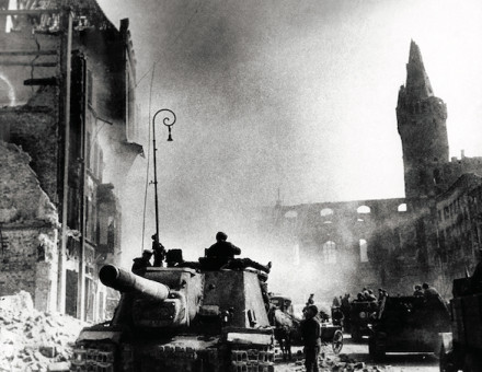 The Red Army storms Königsberg shortly before the collapse of the city on 9 April 1945. AFP/Getty Images.
