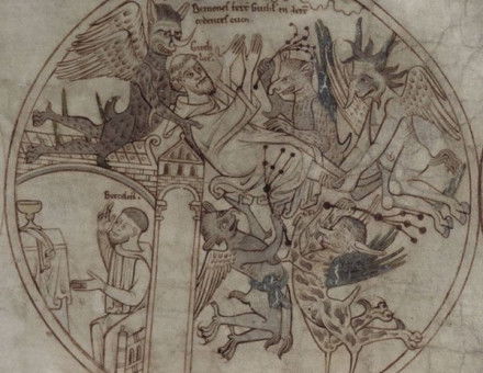 Saint Guthlac being tormented by demons, the Life of Saint Guthlac, Crowland, Lincolnshire, 1175-1215. Guthlac’s name represented a shift away from older naming conventions towards a recognisably English one. British Library. Public Domain.