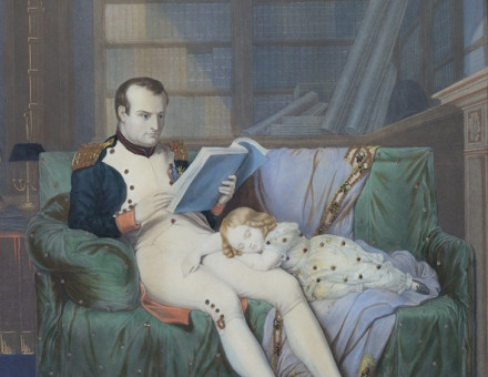 ‘Tinsel Picture’: Napoleon in his study reading, the young King of Rome asleep on his knee, c. 1860. Cooper Hewitt, Smithsonian Design Museum Collection. Public Domain.