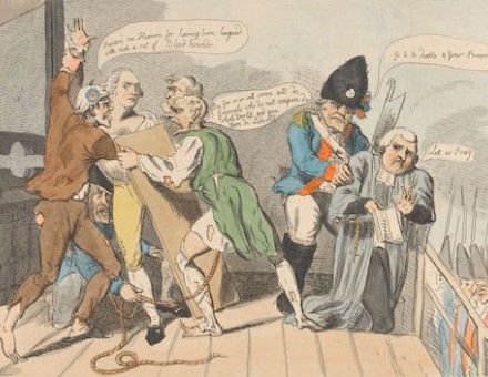 ‘The Murder of Custine, French Gratitude or Republican Rewards for Past Services’ with a priest in prayer, by Isaac Cruikshank, 1793. Yale Center for British Art, Paul Mellon Collection. Public Domain.