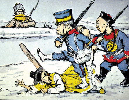Satirical illustration of the Russo-Japanese War, depicting a Japanese soldier stepping on a Korean as a Russian looks on. By Georges Ferdinand Bigot, Paris, c.1904. Chronicle of World History / Alamy Stock Photo