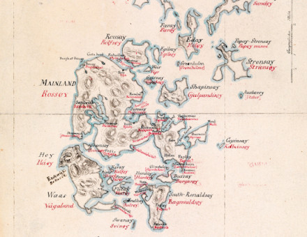 Map of Orkney, labelled in English (black) and Norwegian (red), c.1850. Najonalbibliotekets, Norway.