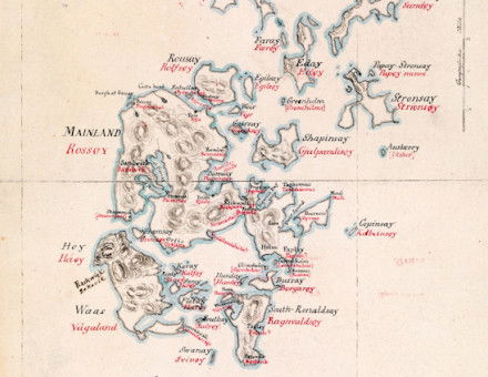 Map of Orkney, labelled in English (black) and Norwegian (red), c.1850. Najonalbibliotekets, Norway.