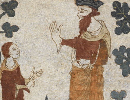 Merlin advises Vortigern, from the Roman de Brut, translation of Geoffrey’s History by Wace, English, 1338-40. British Library/Bridgeman Images.