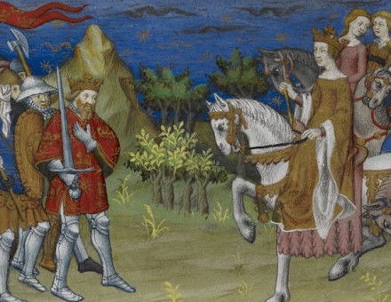 Detail of a miniature of the meeting between Alexander and the Amazons in the French manuscript Le Livre et le vraye hystoire du bon roy Alixandre, c. 1420. British Library. Public Domain.