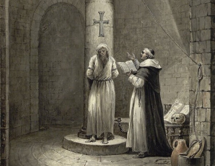 A prisoner of the Inquision in this imagined scene by Jean Louis Desprez, c. 1789. Albertina. Public Domain.