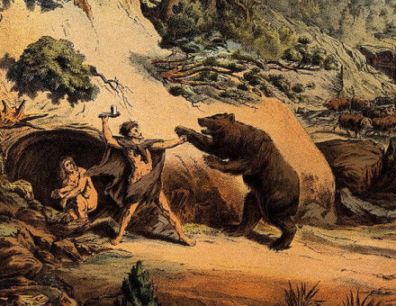 A prehistoric man defends his family from an attacking bear, c. 1840-1900. Wellcome Collection. Public Domain.