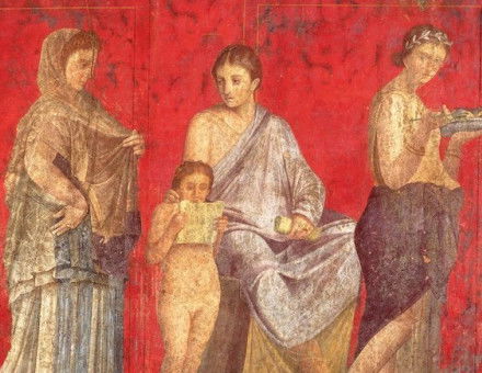 The first fresco from Pompeii’s Villa of Mysteries depicting the reading of the rituals of the bridal mysteries. DIRECTMEDIA Publishing GmbH. Public Domain.