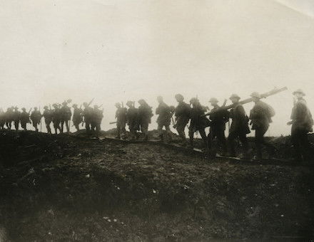 Working parties go up to consolidate newly captured trenches on the Somme, c. 1916. UBC Library Digitization Centre. Public Domain.