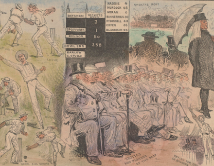The international match on the Melbourne Cricket Ground, from The Australasian Sketcher of 17 January 1883. National Library of Australia. Public Domain.