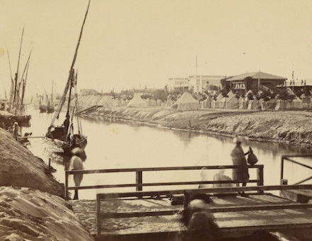 view of the Suez Canal, opposite the governor’s palace, by Justin Kozlowski, c. 1869. J. Paul Getty Museum, Los Angeles. Public Domain.