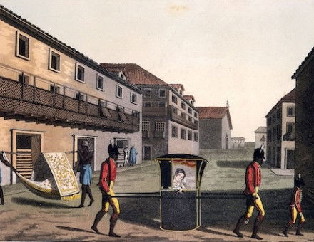A European woman being carried in a sedan chair through Rio de Janeiro, by Paolo Fumagalli, c. 1821. Wellcome Collection. Public Domain.