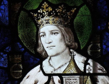 St. Edwin of Northumbria in the stained glass window of St Mary, Sledmere, Yorkshire. Leoboudv (CC BY 2.0).