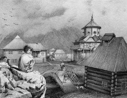 A view of the Russian Colony of Novo-Arkhangel’sk, Sitka Island, Alaska, by Friedrich Heinrich von Kittlitz, 1826. Library of Congress. Public Domain.