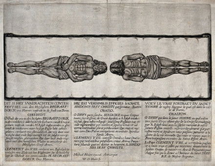 An engraving of the Shroud of Turin, by Willem de Haen. Wellcome Collection. Public Domain.