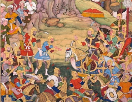 The siege of Arbela in the era of Hulegu Khan, from the Jami al-tavarikh of Rashid al-Din, c. 1596. The Celeveland Museum of Art. Public Domain.
