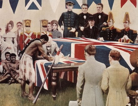 A later depiction of the signing of the Treaty of Waitangi, lithograph from a painting by Marcus King, 1939. Archives New Zealand (CC BY 2.0).
