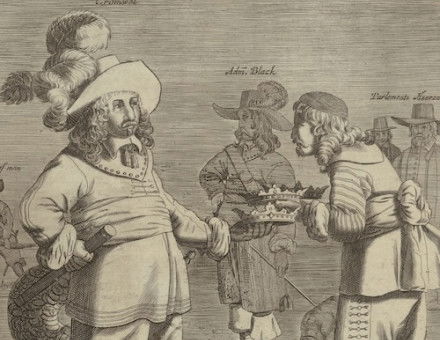 Cartoon of a monstrous Oliver Cromwell being offered three crowns by Thomas Fairfax, anonymous artist, 1652. Rijksmuseum. Public Domain.