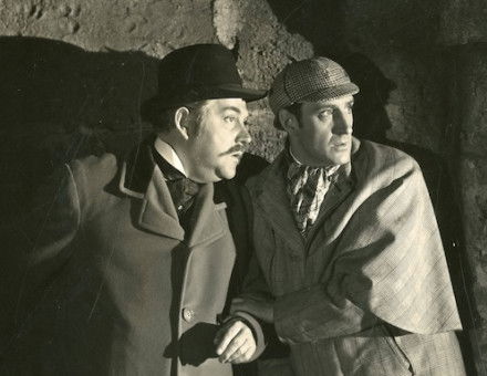 Nigel Bruce as Dr. Watson and Basil Rathbone as Sherlock Holmes in The Adventures of Sherlock Holmes, 1939. University of Washington Libraries, Special Collections.