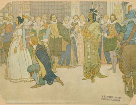 Pocahontas at the English court, from The Story of Pocahontas and Captain John by E. Boyd Smith, 1906. New York Public Library. Public Domain.