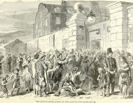 }The Irish Famine – Scene at the Gate of the Work House’, from Ridpath’s History of the World, 1907. University of California Libraries. Public Domain.