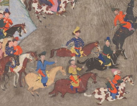 Mehmet I Giray of the Crimean khanate crosses a river, from the History of Sultan Süleyman by Sayyid Luqman, c.1579. Chester Beatty. Public Domain.