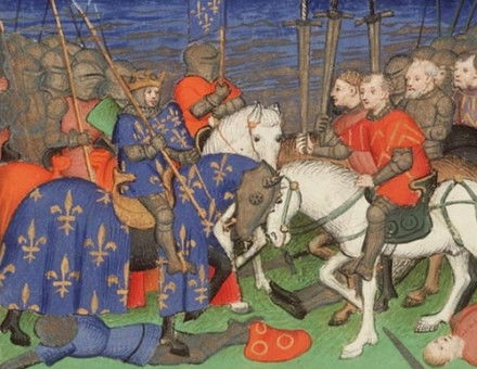 French king Philippe II’s victory at the Battle of Bouvines, from Le Miroir Historial (Vol. IV), c.1400-10. KB, National Library of the Netherlands. Public Domain.