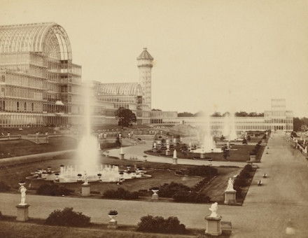 Crystal Palace front gardens, Philip H. Delamotte, c.1854. J. Paul Getty Trust. Public Domain.