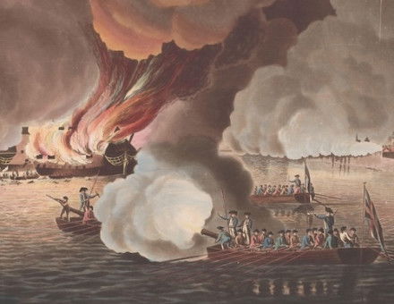 The French and Spanish fleet is destroyed off Gibraltar, Francis Jukes, c.1783-1802. Rijksmuseum. Public Domain.