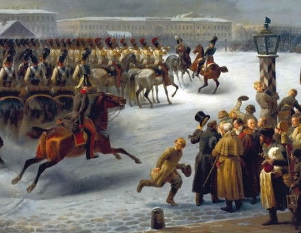 Life Guards Horse Regiment during the Uprising of December 14, 1825, Senate Square St Petersburg, by Georg Wilhelm Timm, 19th century. Hermitage Museum, St Petersburg.