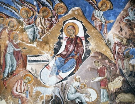 Byzantine nativity wall painting, 1192. Church of Panagia Tou Arakos, Cyprus. Sonia Halliday Photographs/Bridgeman Images.
