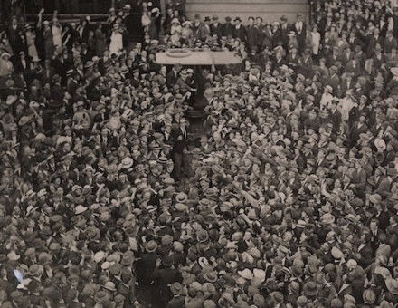 A crowd in Dublin greets Michael Collins following the establishment of the Irish Free State, c.1921-22. National Library of Ireland. Public Domain.