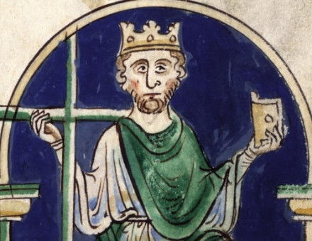 St Oswald stamping on Cædwalla, from the Abbreviatio chronicorum Angliae, by Matthew Paris, English, 1250-59. British Library/Bridgeman Images.