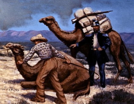 The Camel Express, illustration by Carl Rakeman for the Bureau of Public Roads, 1857. Federal Highway Administration. Public Domain.