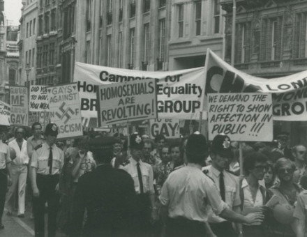 Gay Pride marchers in London, 1974. LSE Library. Public Domain.