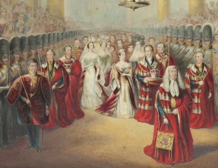 Queen Victoria arrives at the House of Lords to open the first parliament of her reign, George Baxter, mid 19th century. Art Institute of Chicago. Public Domain.