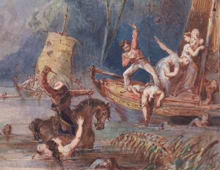 Massacre of women and children escaping from Cawnpore in boats, 1859. Prints, Drawings and Watercolors from the Anne S.K. Brown Military Collection. Brown Digital Repository. Brown University Library. Public Domain.