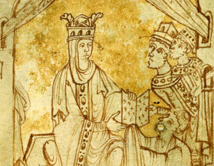 Emma receives the Encomium from its author, flanked by Harthacnut and Edward, 11th century (c) British Library Board/Bridgeman Images