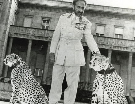 Haile Selassie with his pet cheetahs before the Jubilee Palace, Addis Ababa, c.1955.