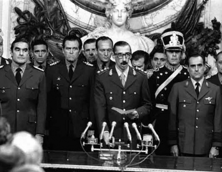 Lieutenant General Jorge Rafael Videla swearing the Oath as he becomes the President of Argentina.