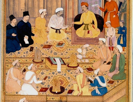 Akbar holds a religious assembly of different faiths in the Ibadat Khana in Fatehpur Sikri.