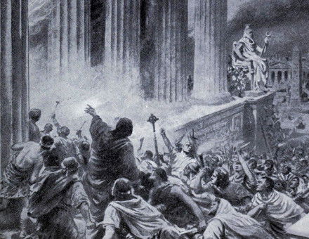 The Burning of the Library at Alexandria in 391 AD, an illustration from 'Hutchinsons History of the Nations', c. 1910